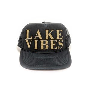 Lake Vibes gold glitter black trucker hat